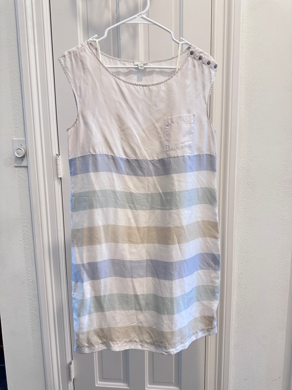 Odille Sleeveless Striped Shift Dress in White, Blue, Taupe